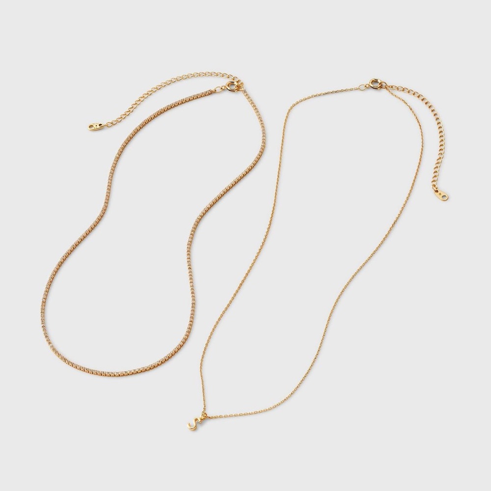 🔱 14K Gold Dipped Cubic Zirconia Initial “S” Necklace Set 2pc ⚜️ - Picture 2 of 4
